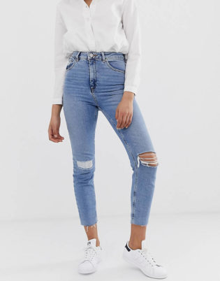 mid blue double knee ripped mom jeans