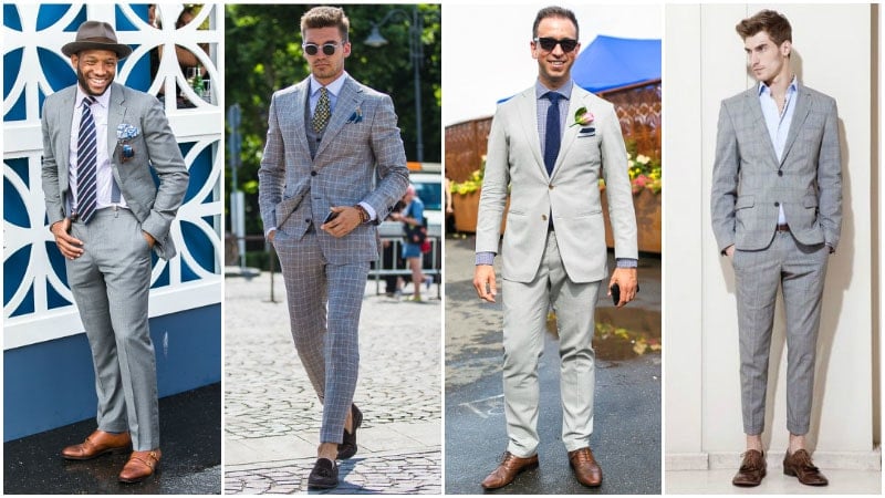grey suit with blue shoes