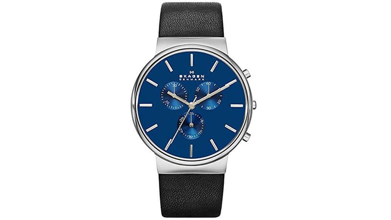 blue face watch with leather strap