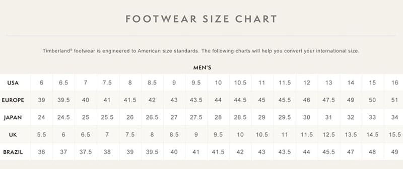 timberland shoe size chart inches