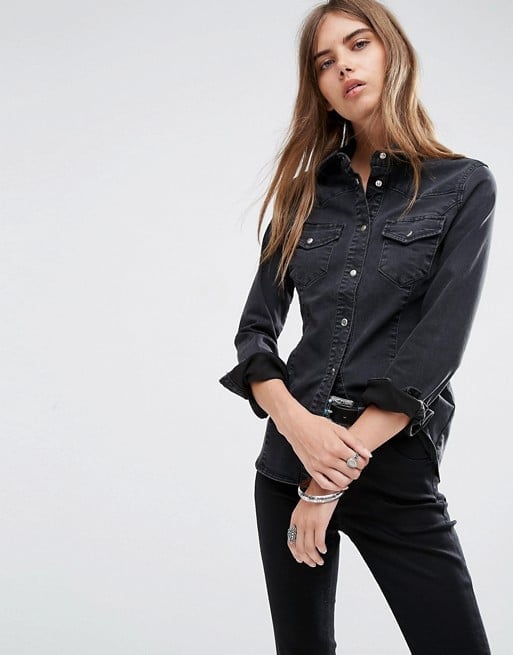 women's black denim shirts