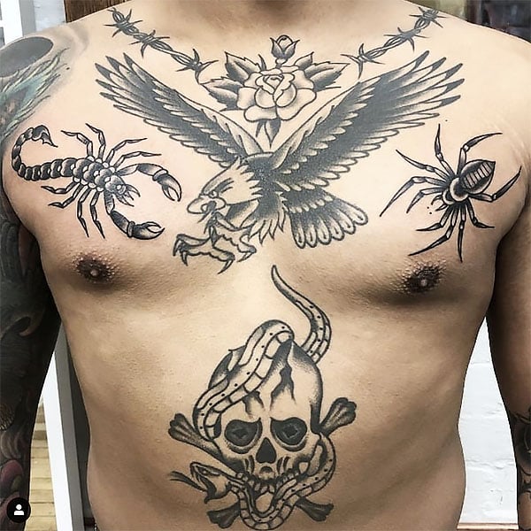Traditional Flying eagle With Globe Tattoo On Man Chest