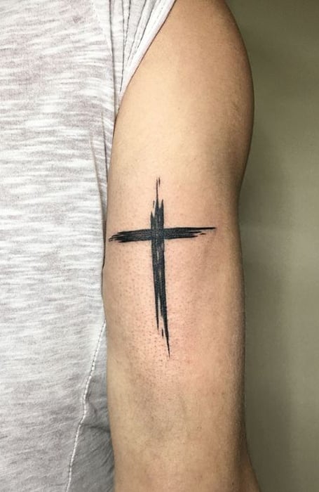 Black Ink Chain Cross Tattoo On Bicep