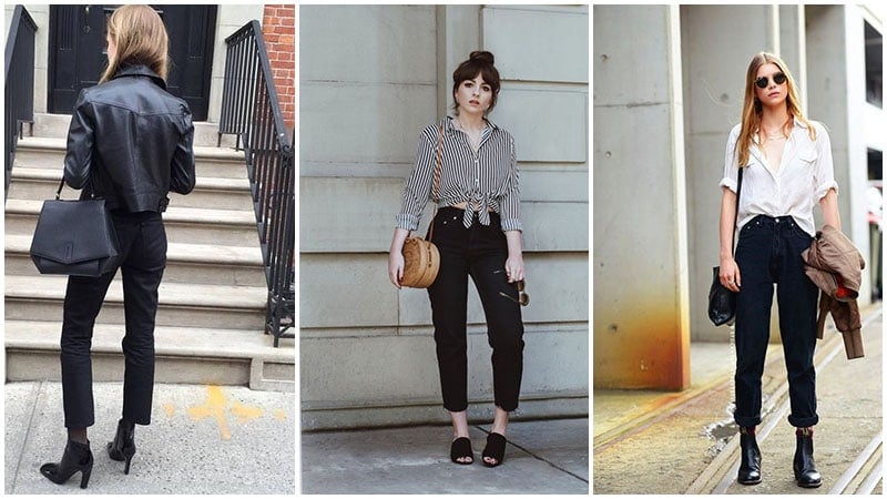 outfits with black mom jeans