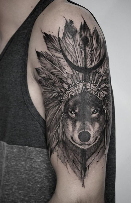 Howling half realistic half geometric wolf tattoo - Tattoogrid.net