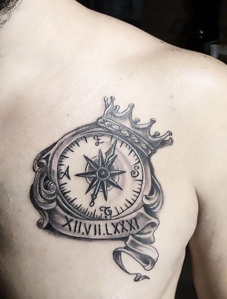 Colorful Compass Tattoo On Side Leg