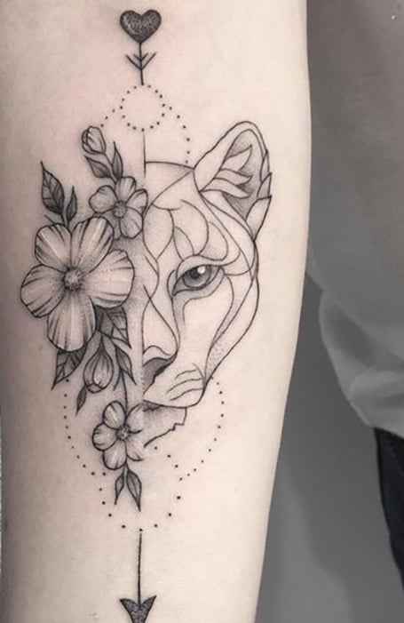 Colorful Lion Flowers Tattoo Design
