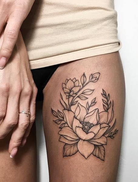 Lotus flower tattoo on upper thigh  Flower thigh tattoos Lotus flower  tattoo Upper thigh tattoos