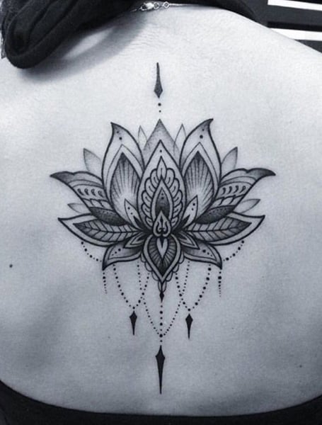Nice Lotus Mandala Sun Tattoo On Back Of Shoulder