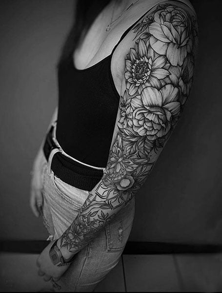 nature tattoo sleeve black and white