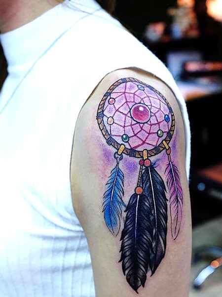 Black Ink Dreamcatcher Tattoo On Right Back Shoulder