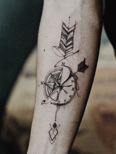Black Ink Geometric Arrow Tattoo On Forearm