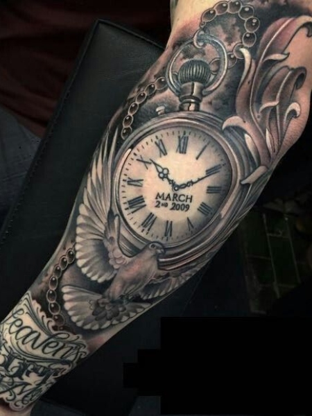timepiece tattoo forearm