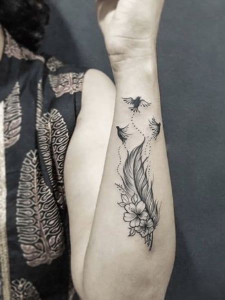 Hawk Feather and Birds by Ryan El Dugi Lewis TattooNOW