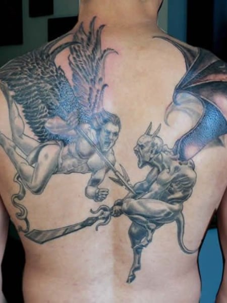 angel vs devil shoulder tattoo