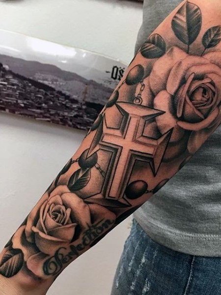 Roses half sleeve with a cross and little kite tattooartist tattoo  halfsleeve tattooideas rosestattoo rosehalfsleeve crosstattoo   Instagram