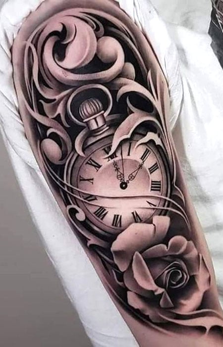 Clock  Blue Rose Chest Tattoo