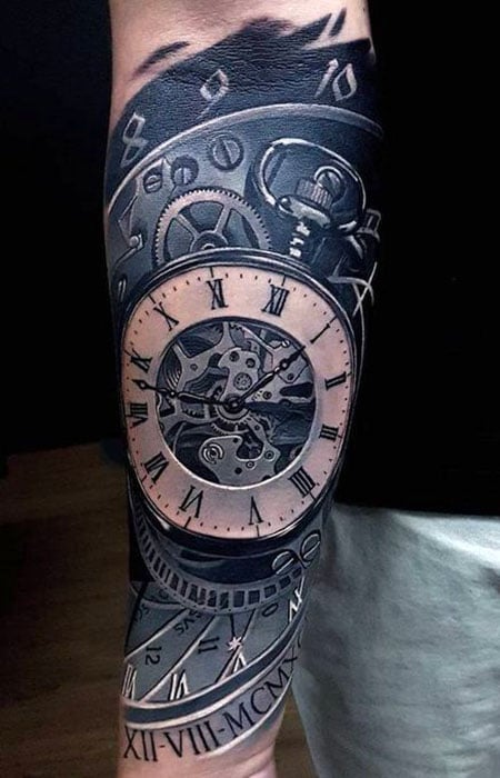 Brothers Tattoo Piercing - Clock Tattoo Black and White (year 2016) #clock  #leaf #old #oldstyle #gear #gears #shadow #blackandwhite #tattoo #art #ink  #instaart #tattooartist #tattooed #inkedup #tattooart #art #myart #inked  #bodyart #tattoolife #