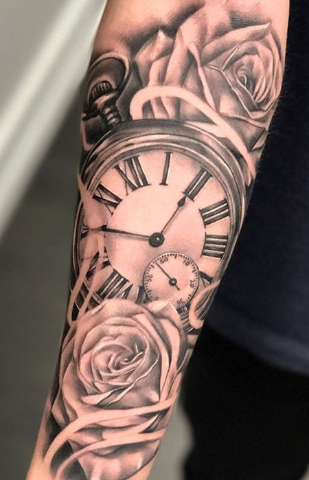 Pocket Watch Tattoo with Name  Birth Date on Shoulder Timeless and  Meaningful Ink