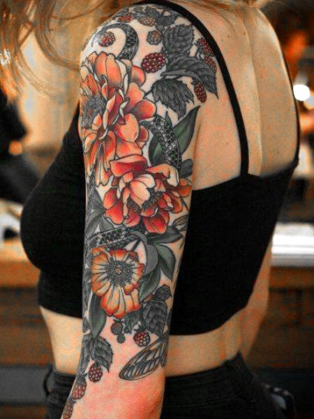 Floral sleeve with Roses Succulents Bee  Firefly  Best Tattoo Ideas For  Men  Women