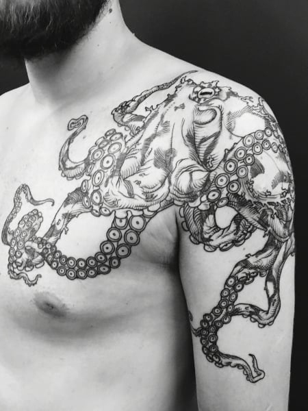 Realistic Octopus Hip  Thigh Tattoo
