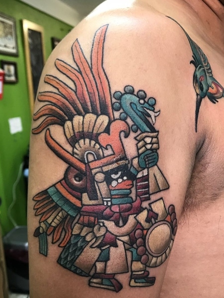 Aztec Warrior Tattoo On Man Right Back Shoulder