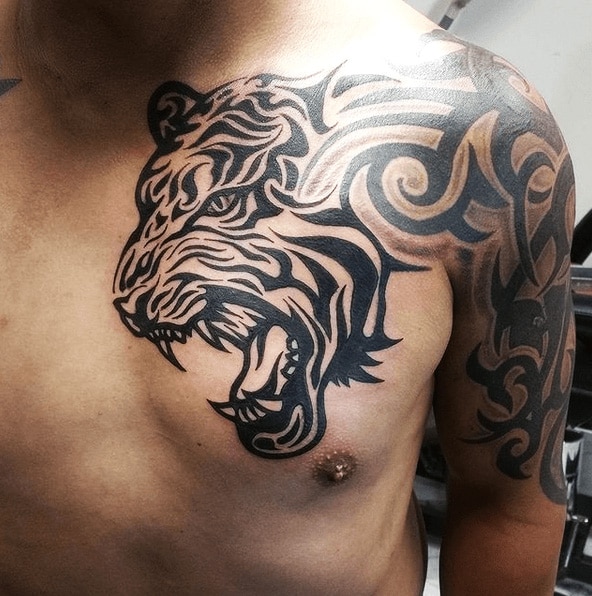 Instagram의 Master Shark님 Tiger chest piece completed Done at  ktdragontattoostudio Powered by Fytsupplies   Chest tattoo men Chest  tattoo tiger Asian tattoos