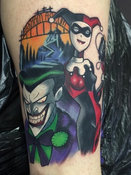 Harley Quinn on her costume tattoo on the left shoulder