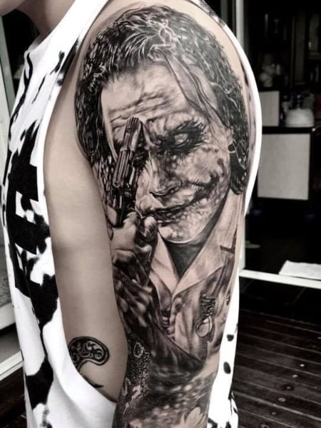 Raiden Tattoo Division  Joker sleeve selfie Zoom in and tell me whos  your favorite joker on this tattoo Have a great weekend          tattooideas 