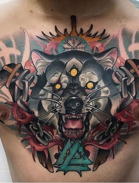 american traditional wolf chest tattoo