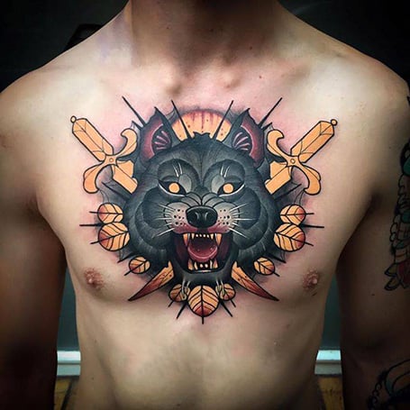 My traditional Wolf chest piece done by Adrian Aguayo from Eights and  Aces in Santa Cruz CA  rtattoos