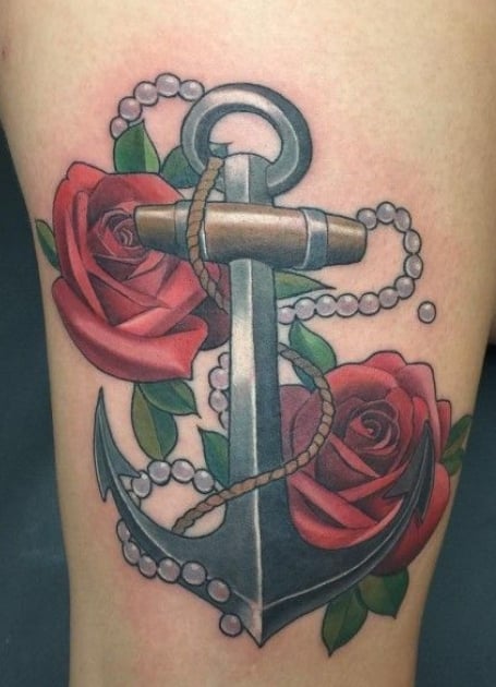 Graphic anchor with realistic roses by Rafael Marte TattooNOW