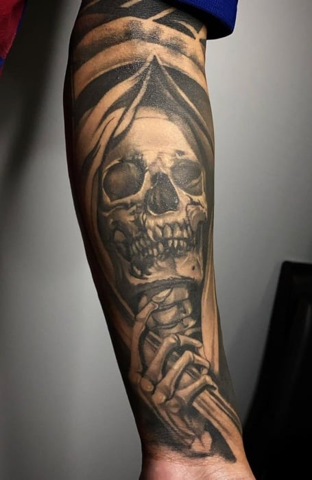 Traditional grim reaper neck tattoo inspired by the band The Amity  Affliction done by Mallory at Motor City Tattoos Oshawa Ontario  r tattoos
