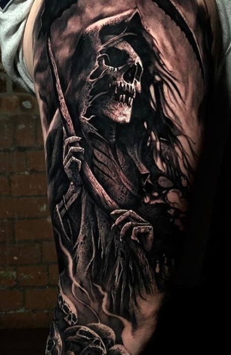 Grim Reaper with wings left and Fallen Angel right made by Carlos at  godspeed studio Portugal  rtattoos