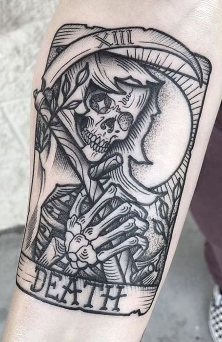 Black And Grey Grim Reaper With Full Moon Tattoo Design