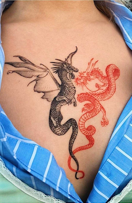 Tattoo uploaded by AuthentInk Tattoo Studio  Dragon and Floral Ornamental  Underboob  SternumTattoo  Tattoodo