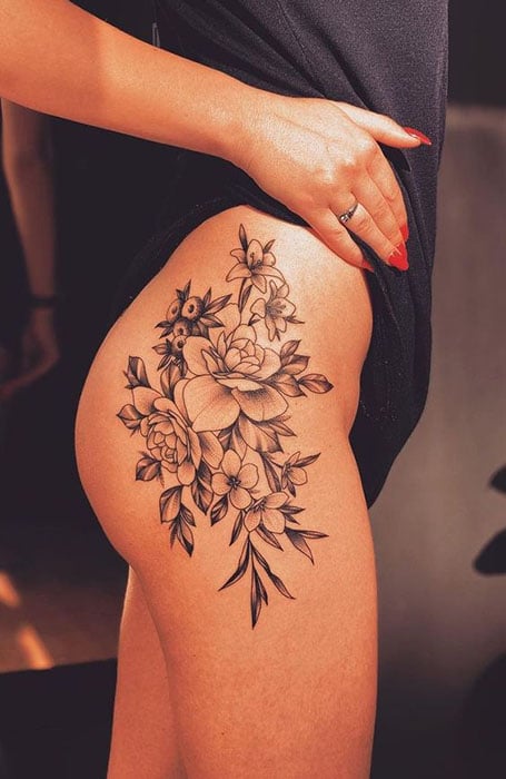 Floral Thigh Tattoo by Larissa Long