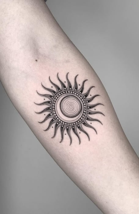 Outline Star Moon And Sun Tattoo On Girl Right Arm
