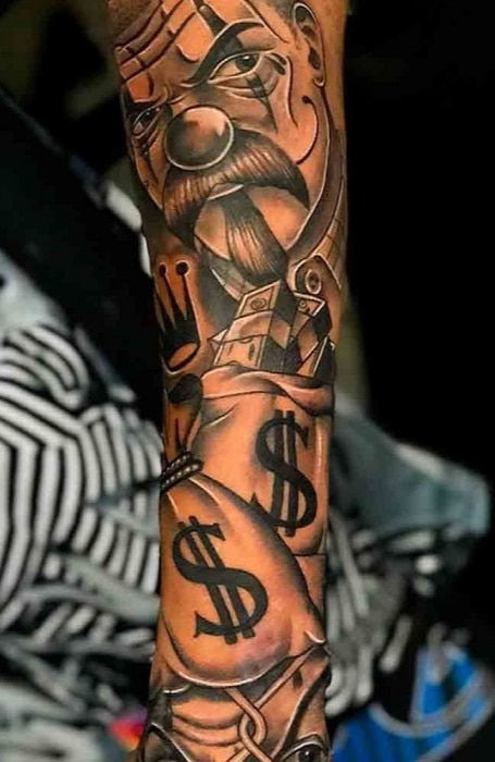 Money over bitches” forearm banger, done @hustle_tattoosd … Dm me for  appointments… #script #oldenglishtattoo #tattoo #sandiego ... | Instagram